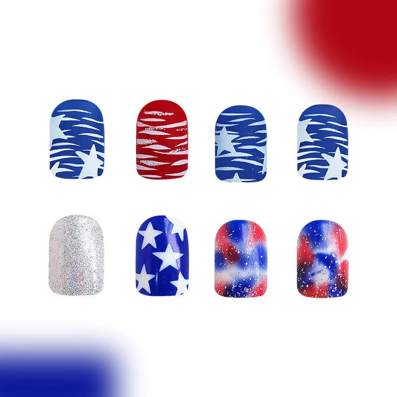 Red and blue glitter false nail tips with Independence Day theme in European Square shape