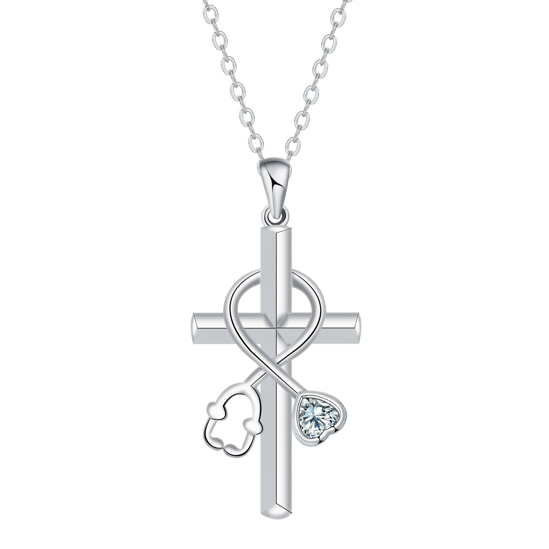 Women's copper cross stethoscope pendant necklace with electroplated finish on a cross chain.