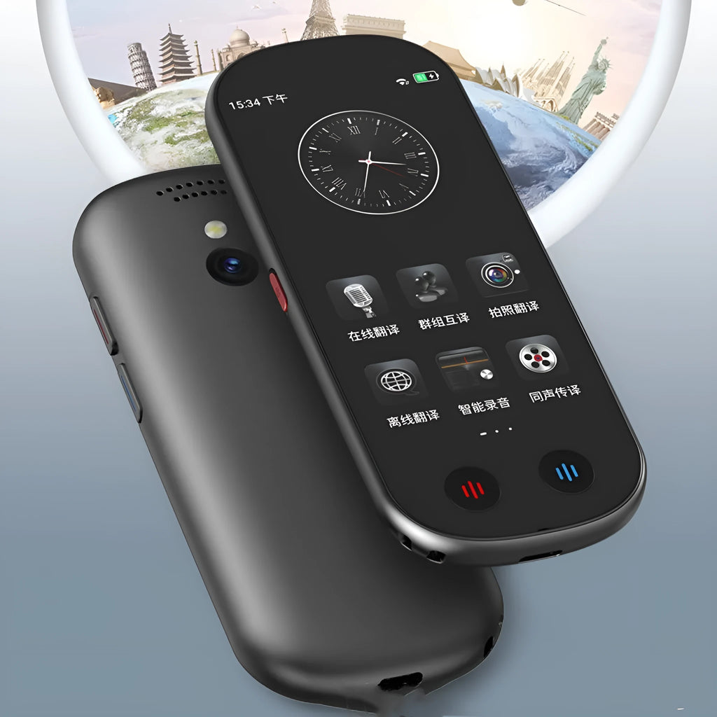 Black multi-language simultaneous interpretation translator device with lanyard.