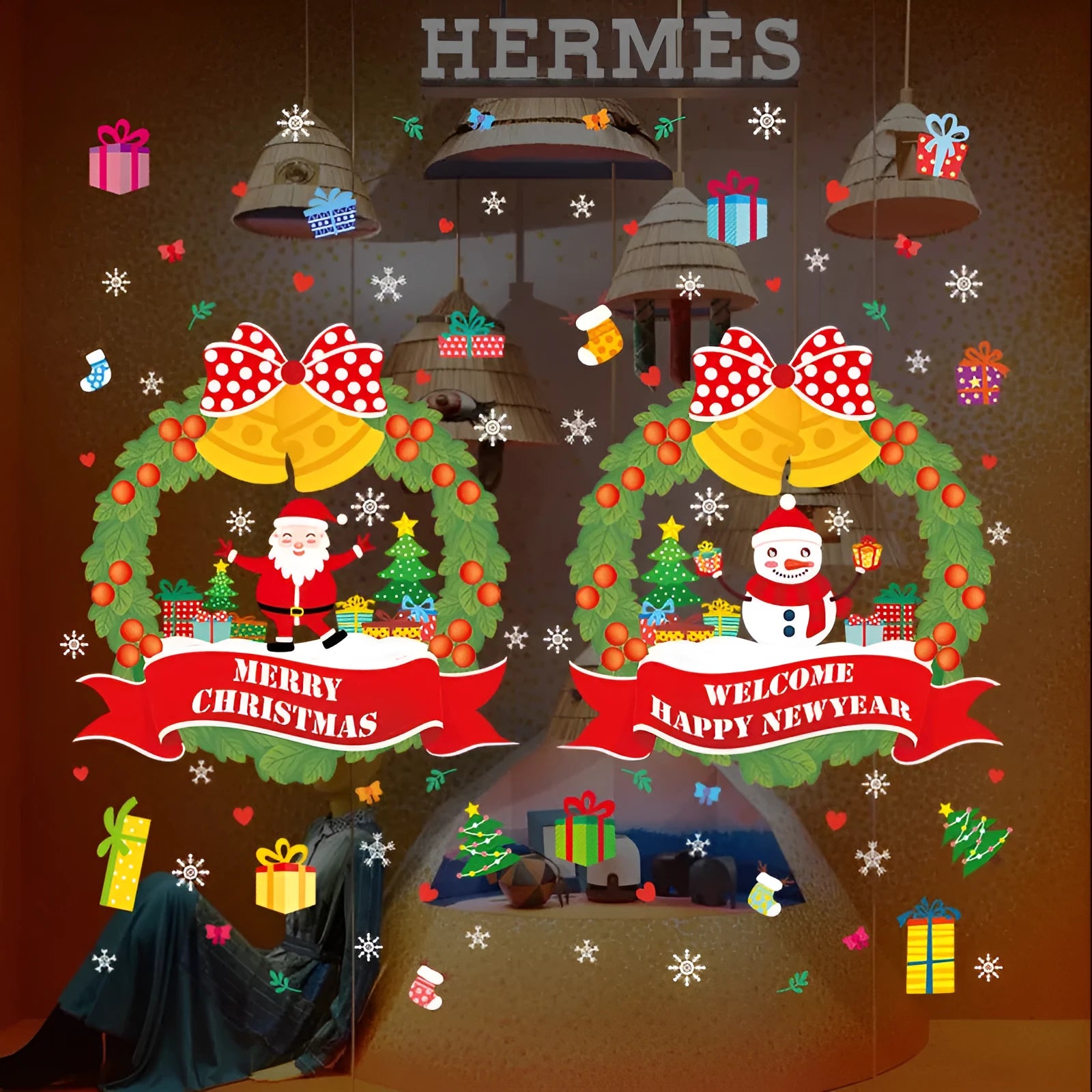 Non-adhesive electrostatic Christmas wall sticker with colourful cartoon patterns for window decoration