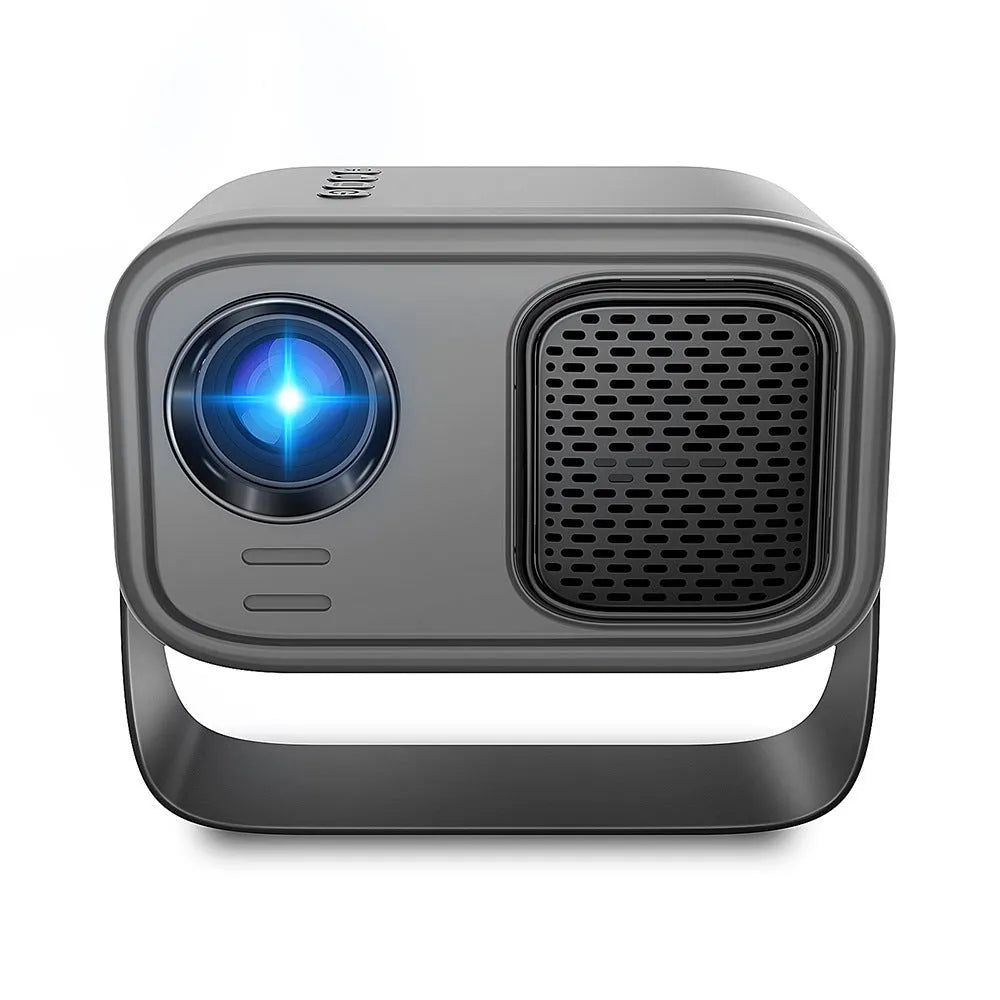 Black Android smart portable HD projector with remote control on table