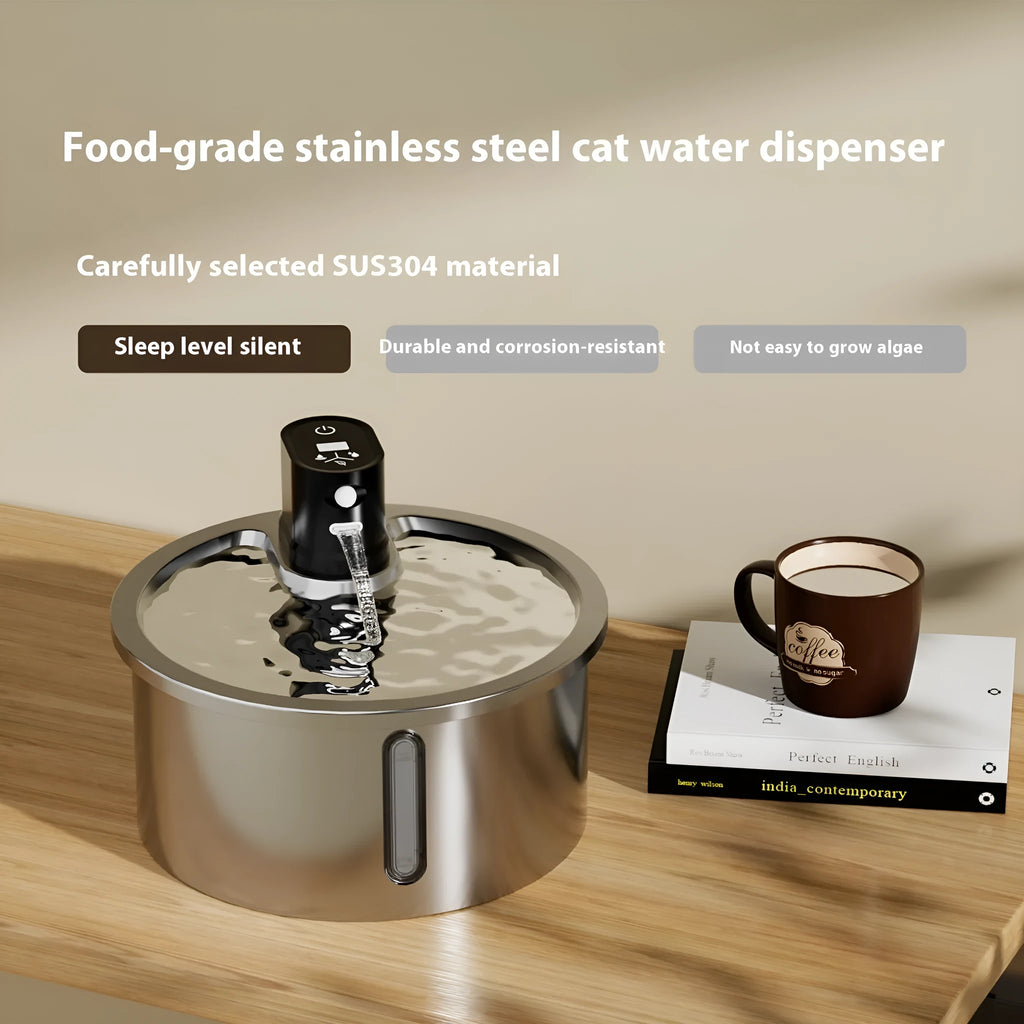 Stainless steel pet water fountain with heated base on a nine-gear setting.