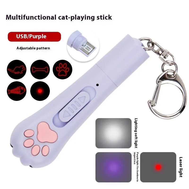 Infrared cat teasing stick toy with moon-light lamp and laser projector in blue pink purple or white colours