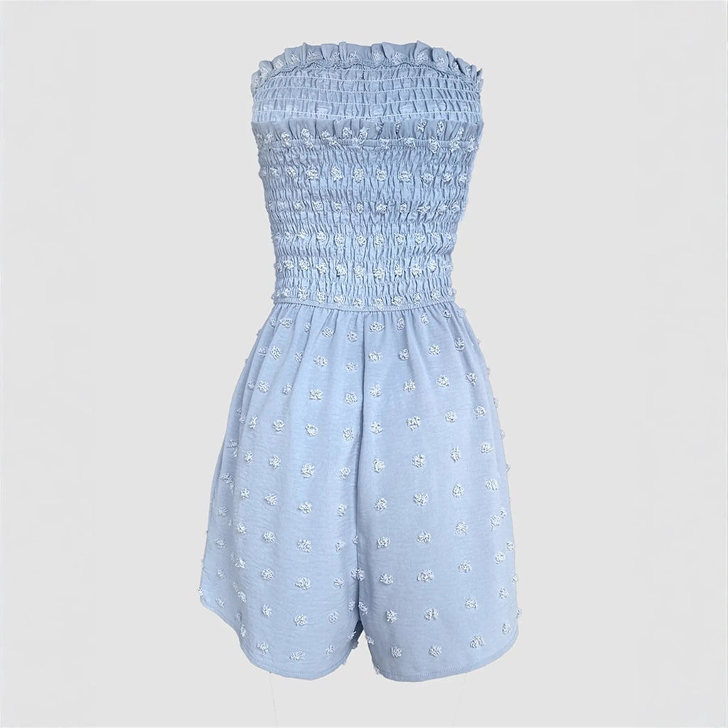 Women's solid colour off-shoulder sleeveless jumpsuit in blue showing Japanese Korean casual style with button detail