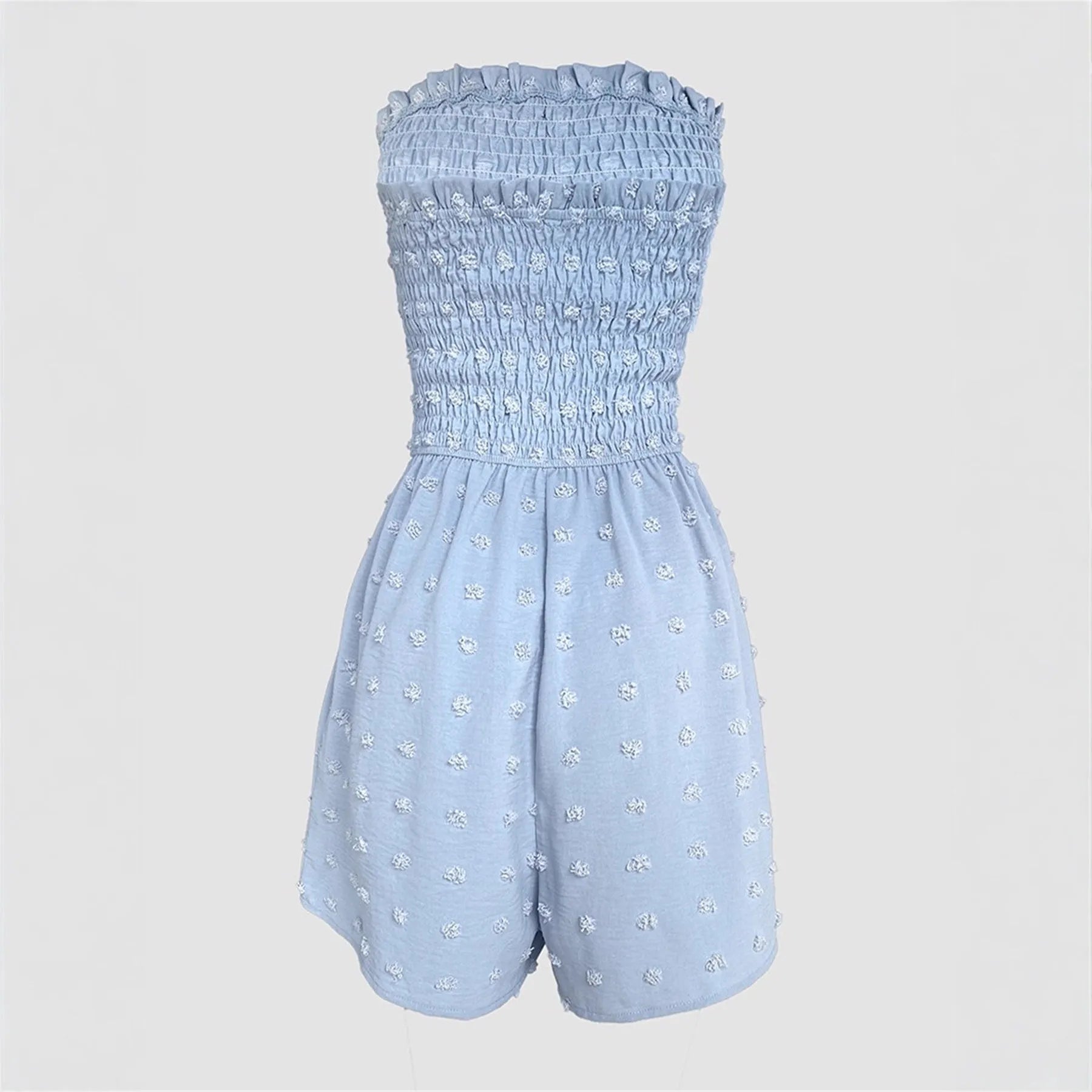 Women's solid colour off-shoulder sleeveless jumpsuit in blue showing Japanese Korean casual style with button detail