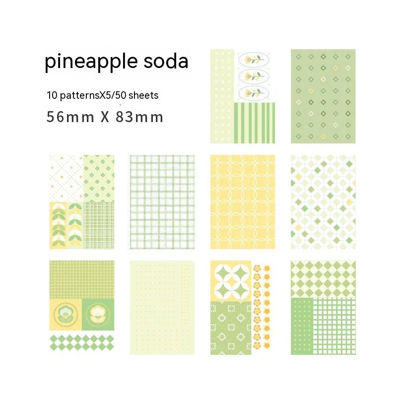Pack of 50 retro-style collage note papers in ten dessert colours including caramel puff and strawberry coconut.