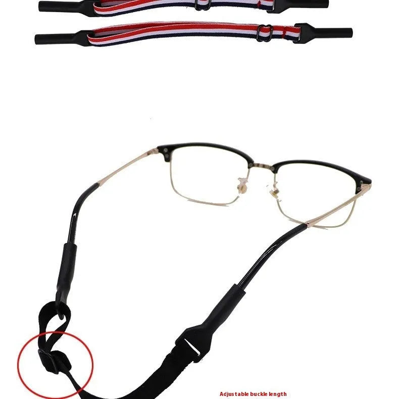 Black adjustable glasses cord with silicone earpiece ends for anti-slip security
