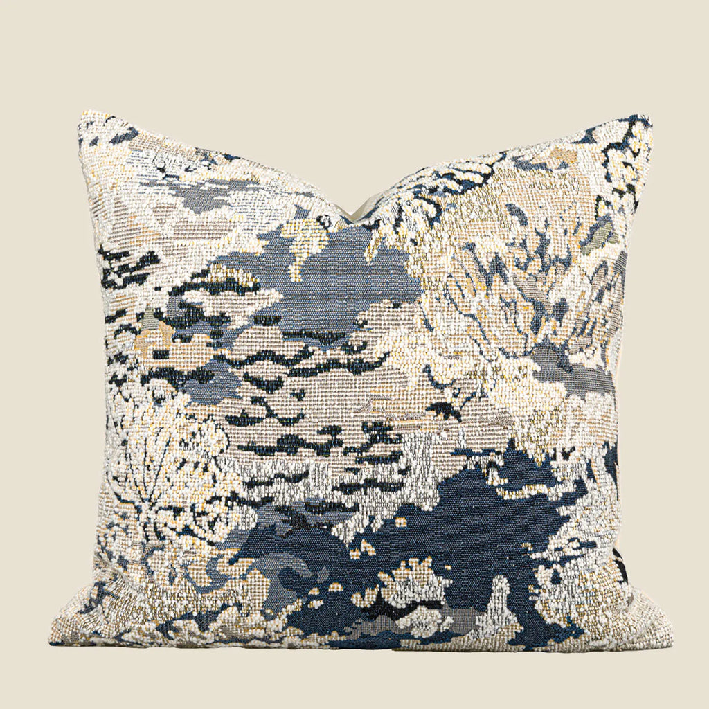 Antique blue wool blend decorative pillow with abstract floral pattern in square and rectangular sizes