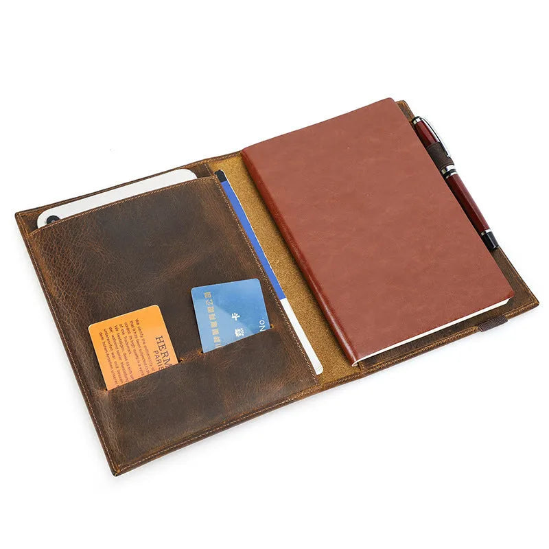 Brown Crazy Horse leather A5 notebook protective sleeve with a square shape.