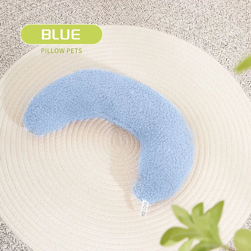 U-shaped blue cat pillow with adjustable collar for pet cervical protection and sleeping support