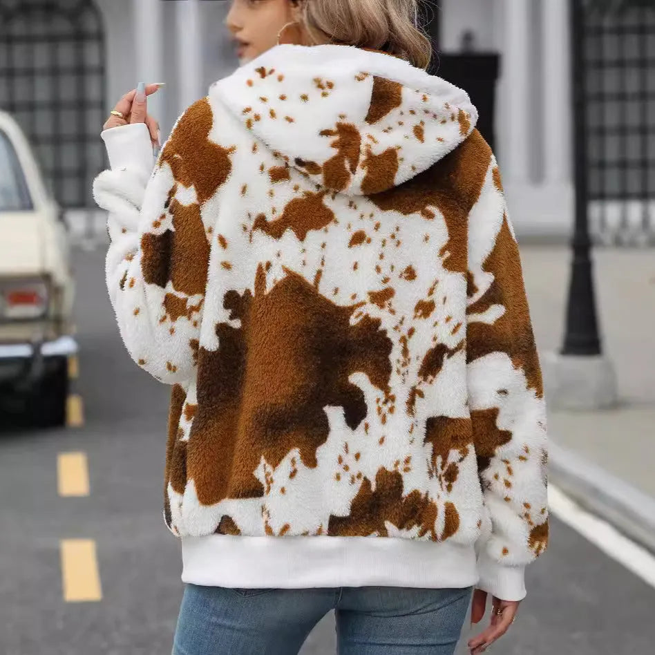 Yellow brown animal print hooded cardigan jacket with zip front