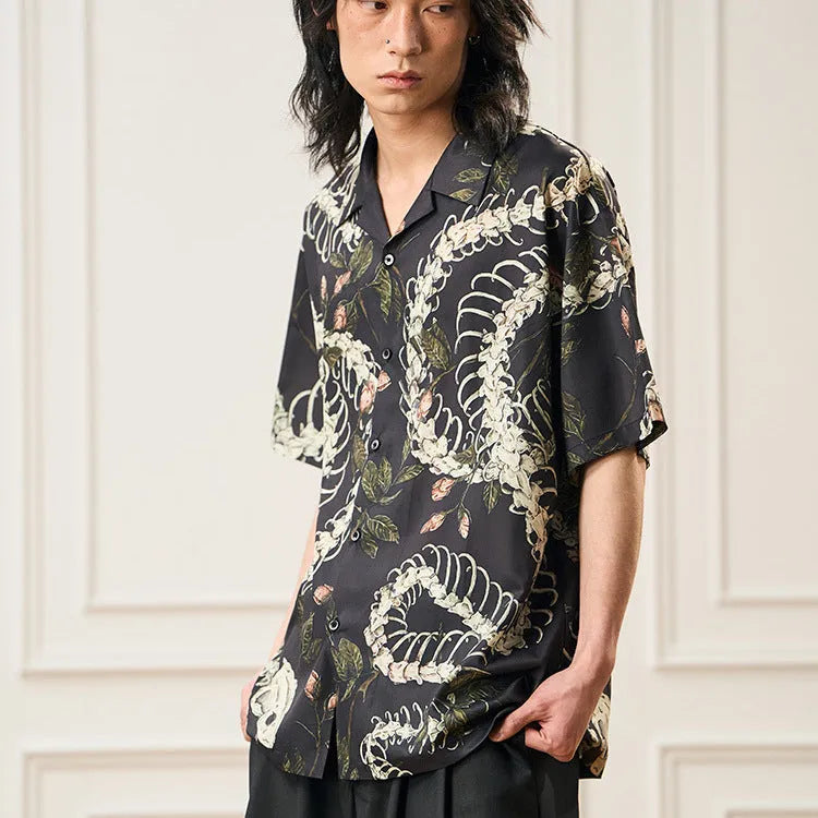 Short sleeve Cuban collar shirt with snake bone and floral pattern printed design