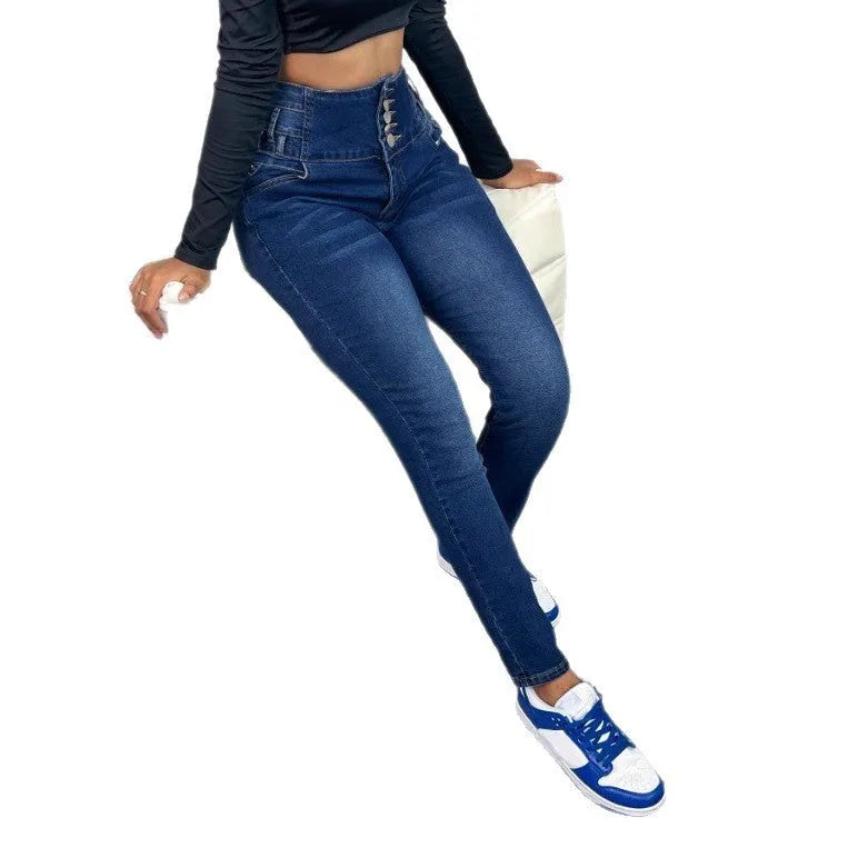 Dark blue women's denim trousers with a breasted waist, straight-leg skinny fit, zipper, and button fastening.