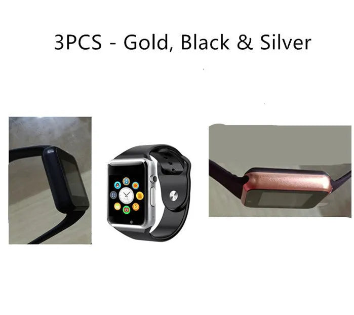 A1 Android smart watch with 1.54-inch screen, shown in available colours: black, silver, white, gold, pink, red, green, blue.
