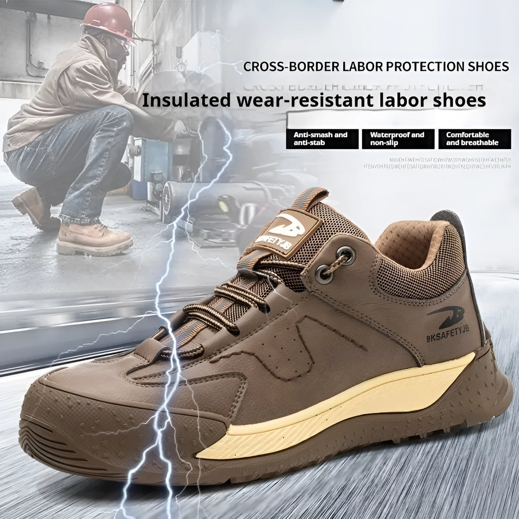 Flyknit leather work safety shoes with rubber sole in black, available sizes 36-46