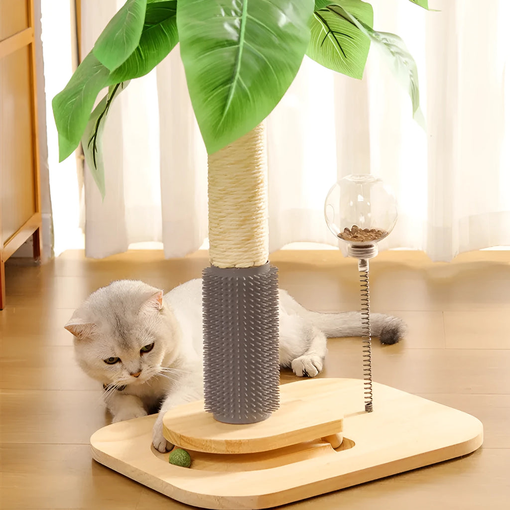 Wooden vertical cat scratching post with canna grab column and food drop ball