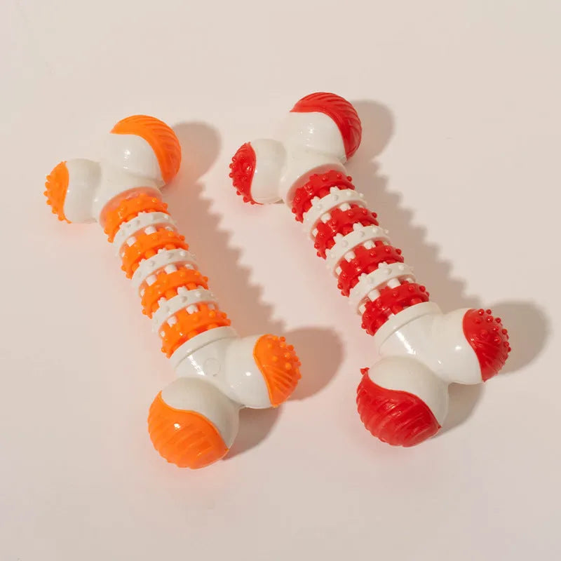 Blue orange red bone-shaped interactive dog toy for small breeds with chewable ends and treat compartment