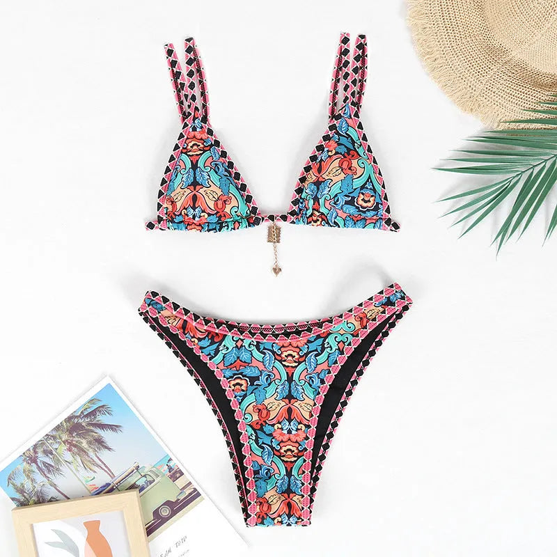 Retro printed women's bikini set in orange, pink, black, or blue colours for swimming sports