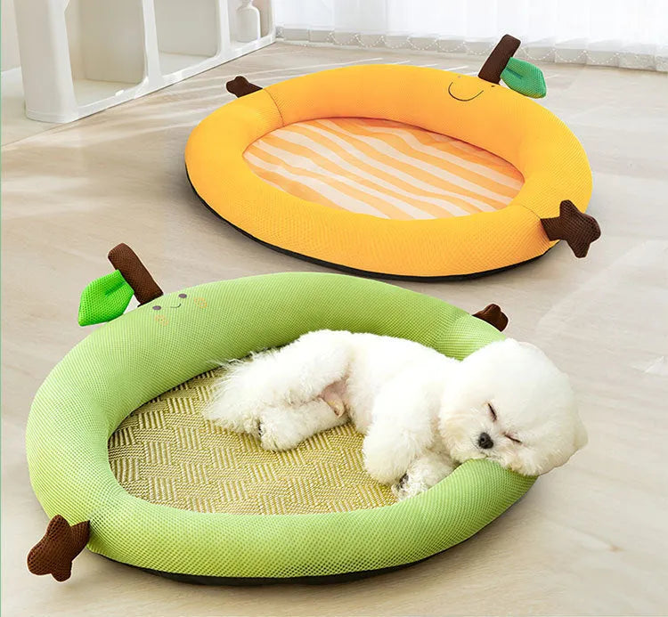 Green fruit-shaped pet bed with raised edges and cushion mat for cats and dogs