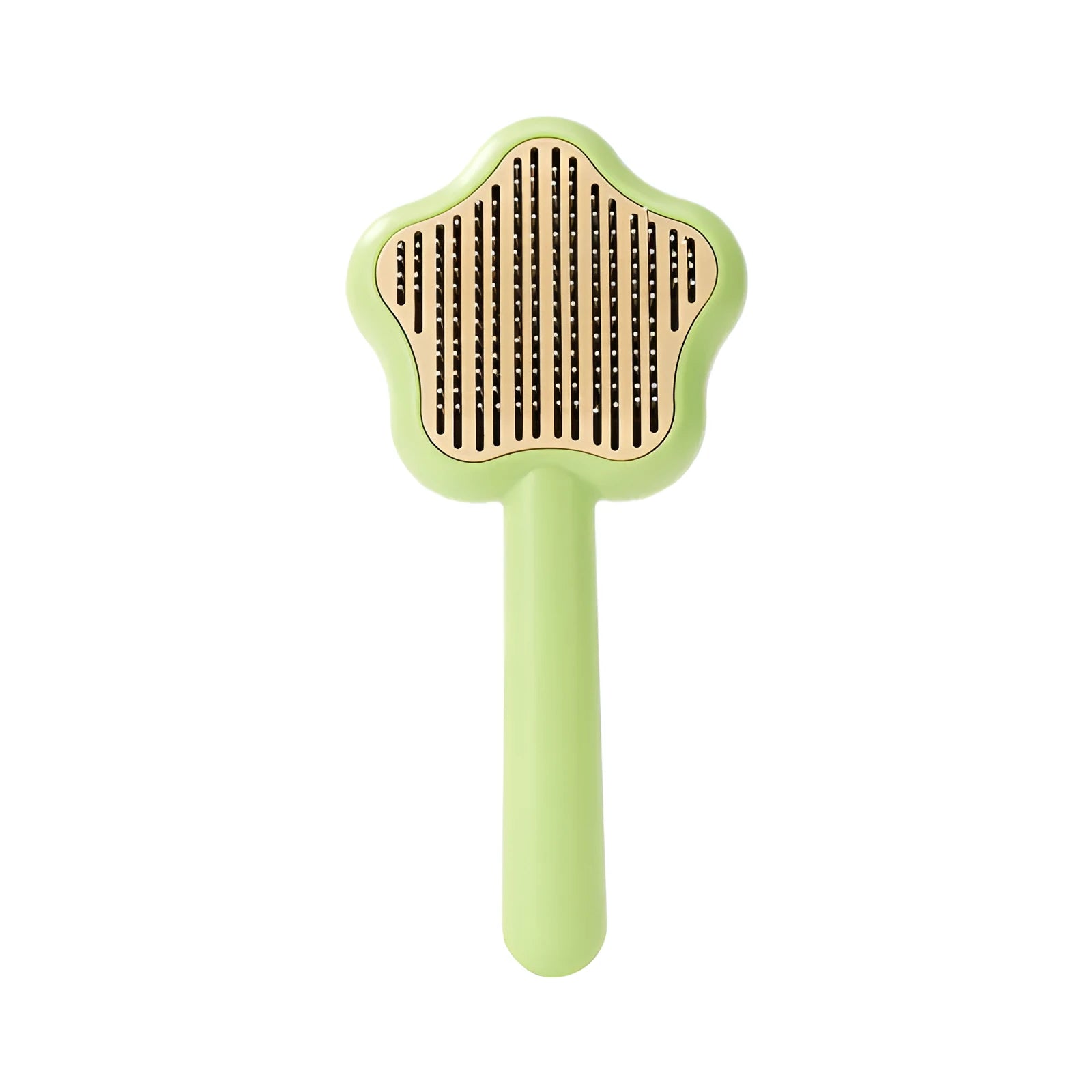 Self-cleaning stainless steel cat comb in green colour measuring 20cm long by 9.5cm wide
