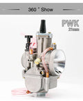Motorcycle carburettor modification kit with sandblasted finish, showing size options from 21mm to 34mm bore.