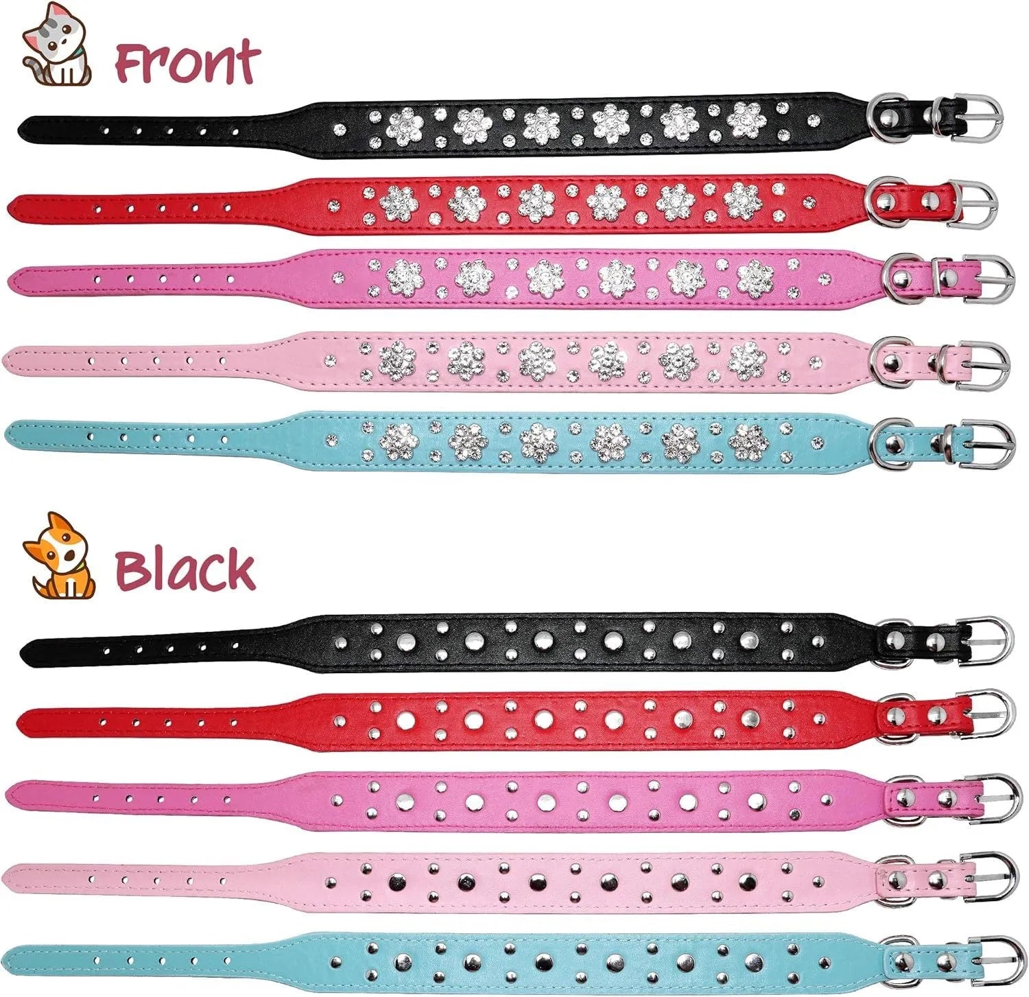 Black PU leather dog collar with rhinestone flower pattern and metal studs for small dogs