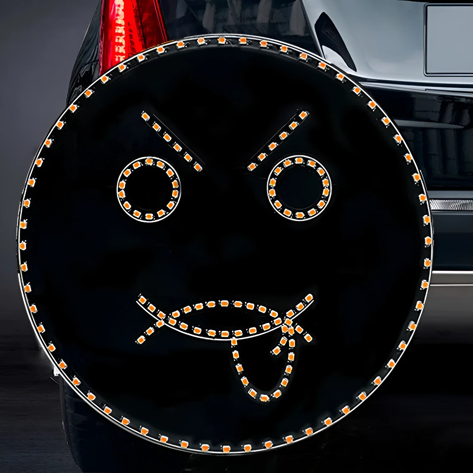 Car rear window LED expression light black with 145 orange LED beads showing smiley face pattern