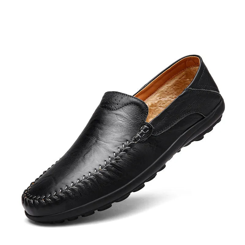 Men's brown cowhide leather shoes with round toe and flat rubber sole business casual design