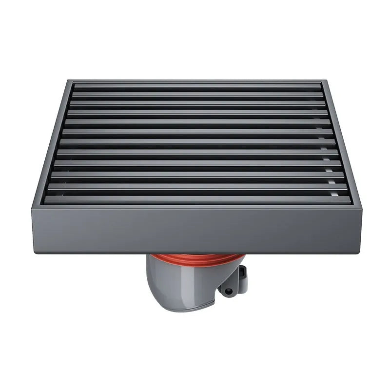 Gun grey 304 stainless steel courtyard floor drain with a square 15x15 cm design and ABS plastic core.