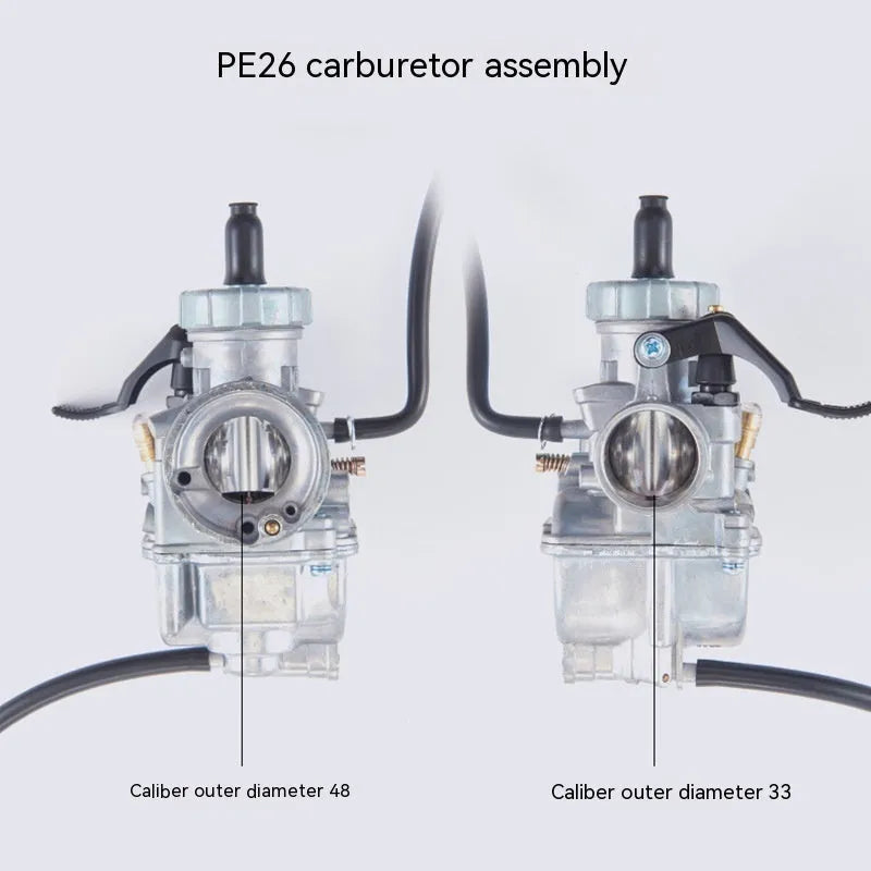 Motorcycle carburettor assembly for PE26 and Ba Jia specifications with flat suction plunger design