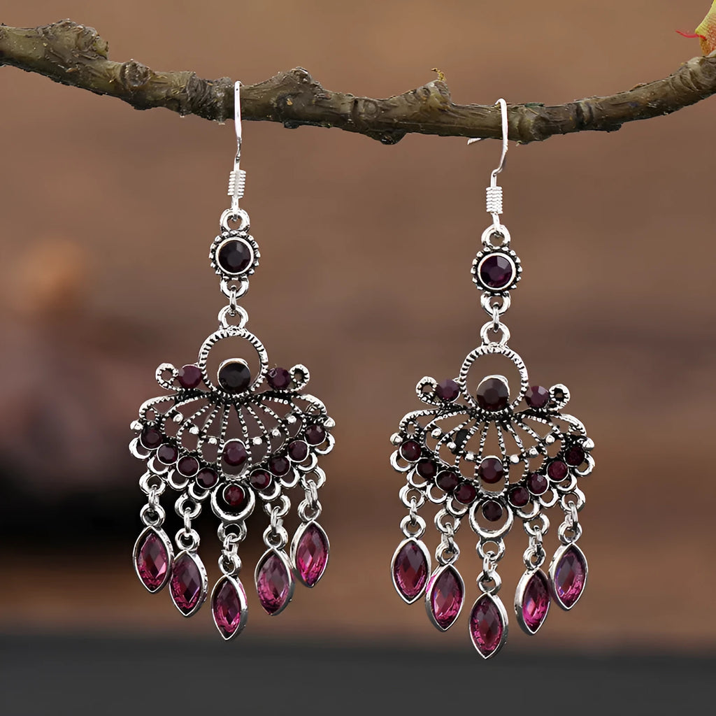 Purple drop shape fringe earrings with retro crystal detailing and ethnic style elements