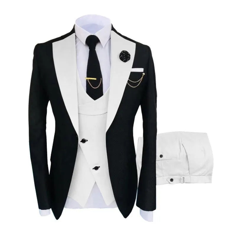 Men's slim fit cotton three-piece suit in a light business style, shown with coat, vest, and trousers.