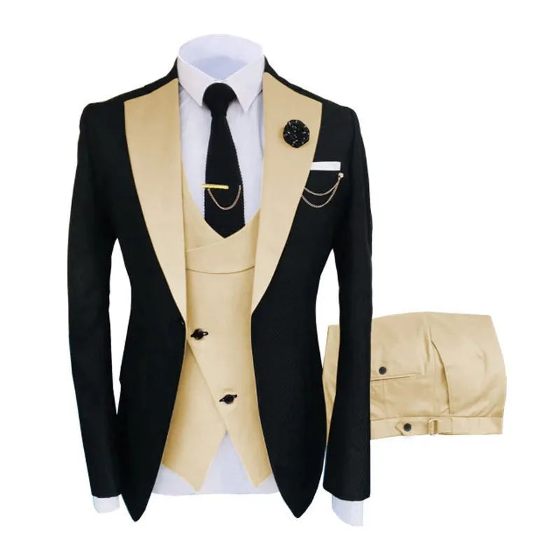 Men's slim fit cotton three-piece suit in a light business style, shown with coat, vest, and trousers.