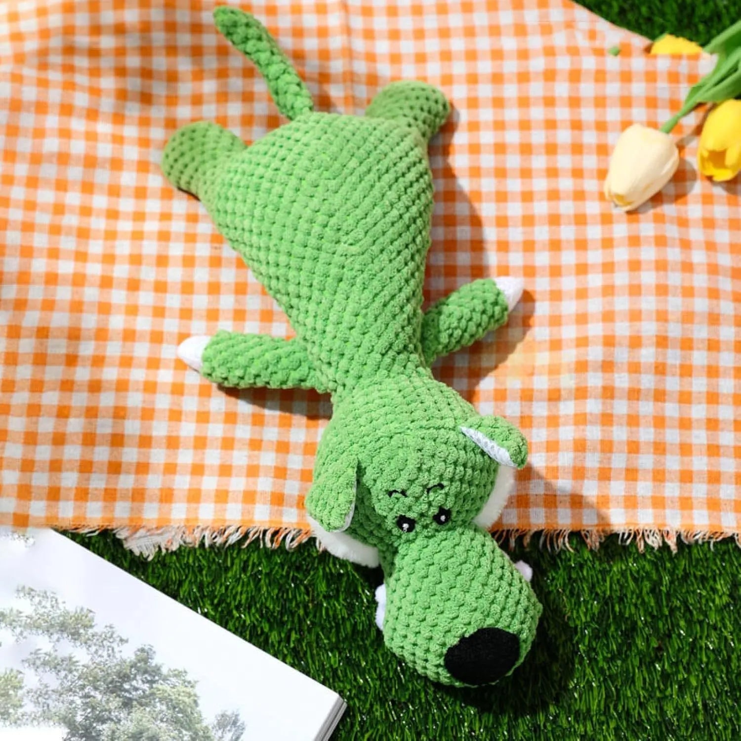 Corn design dog chew toy with textured kernels and squeaky sound mechanism in green, grey, and yellow colour options