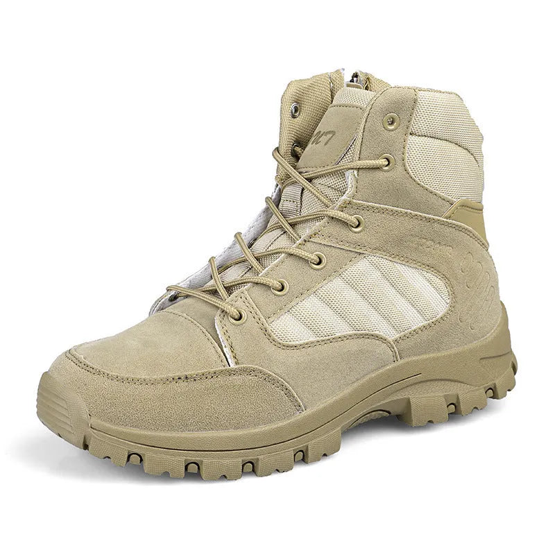 Men's high-top hiking shoes in camouflage colour with metal accent details