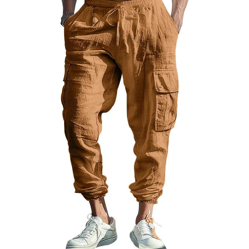 Men's linen casual trousers with ankle-tied cuffs and multiple pockets in loose fit