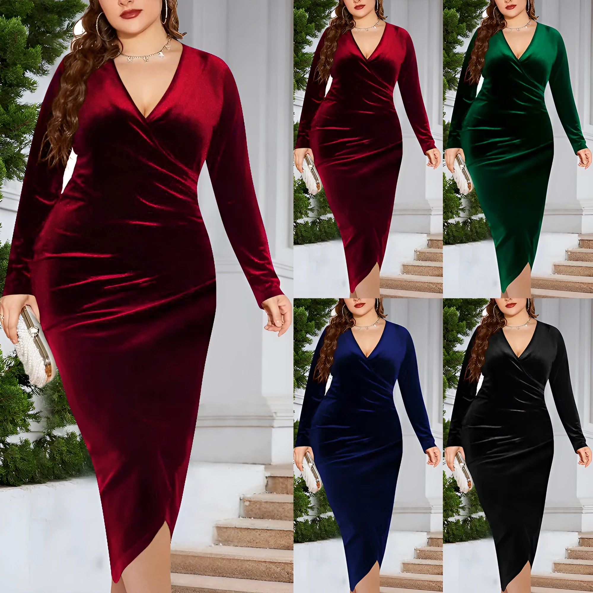 Women's V-neck dress with regular long sleeves in polyester fabric available in multiple colours and plus sizes