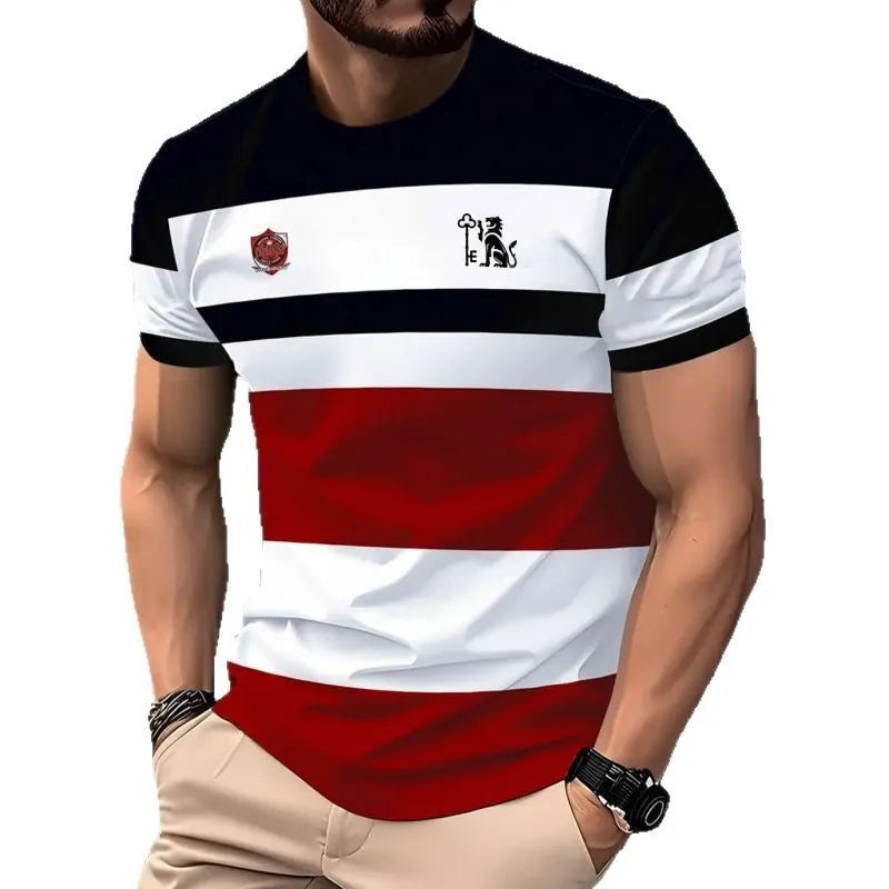 Men's loose fit short-sleeved T-shirt with digital 3D printed stripes pattern, available in multiple colours and sizes up to 5XL.
