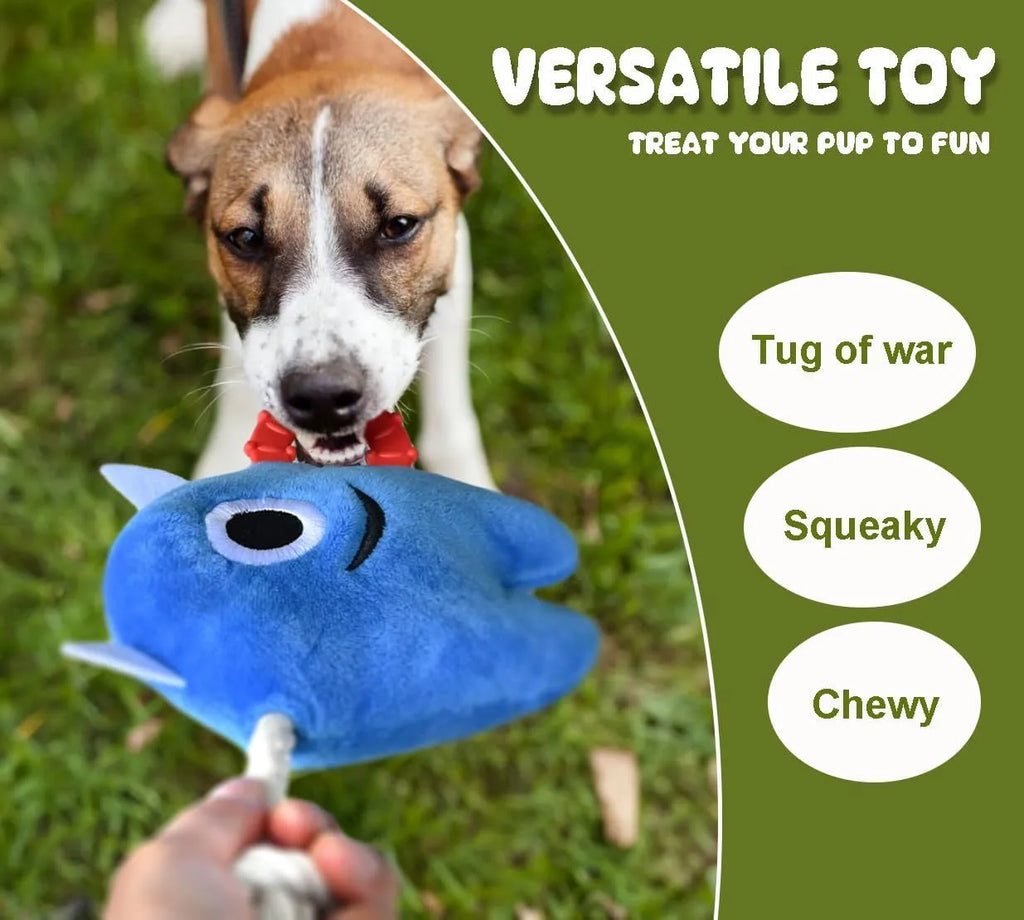 Blue and green plush dog toys with integrated cotton rope and squeaker for chewing and tugging play