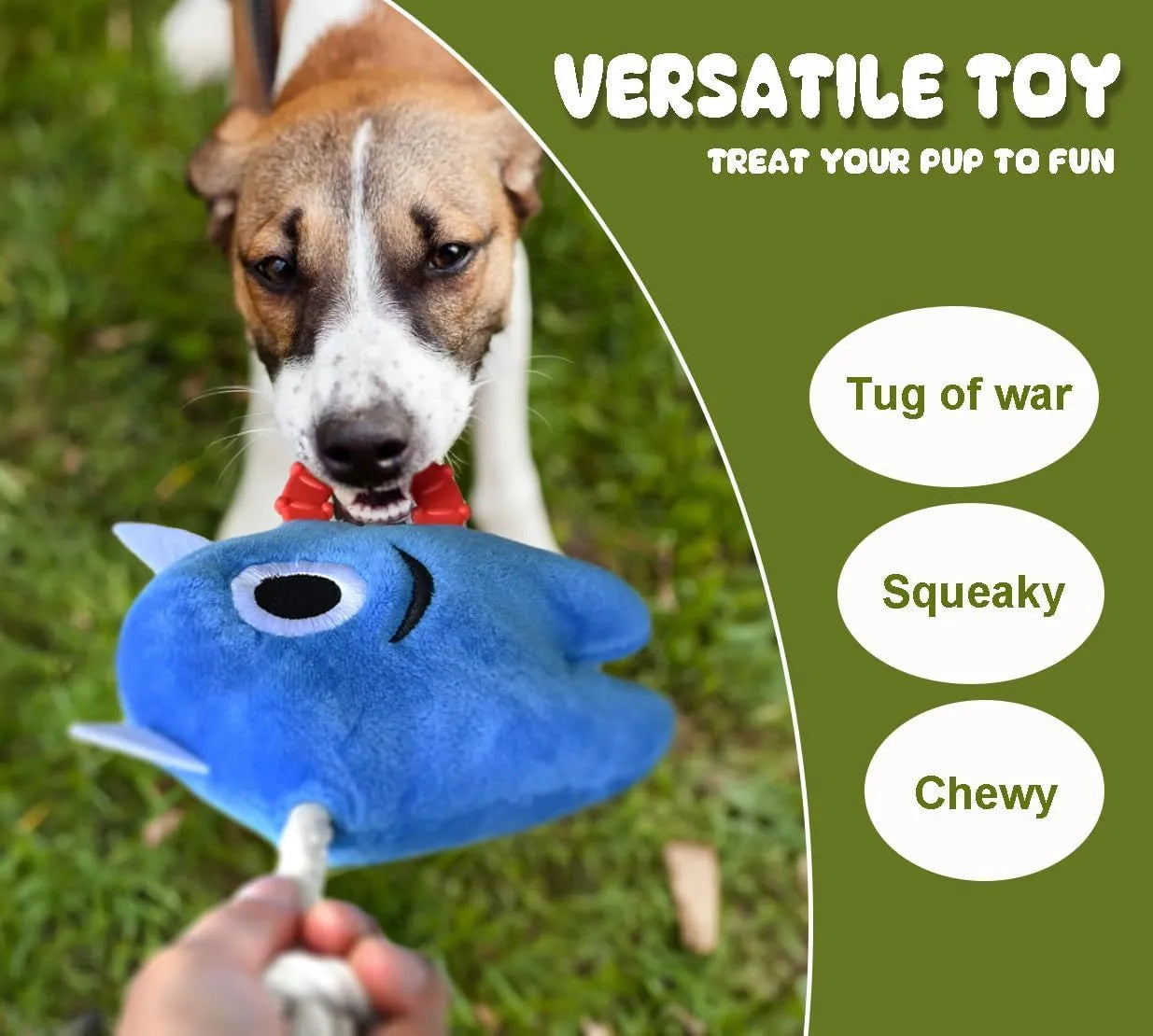 Blue and green plush dog toys with integrated cotton rope and squeaker for chewing and tugging play