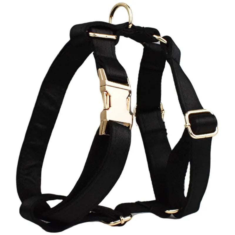 Cloth dog collar, leash, bow, and vest set shown in multiple sizes for pets.