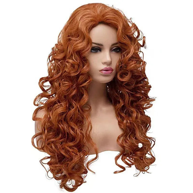 Brown long wavy curly synthetic wig for ladies Halloween cosplay on wig head