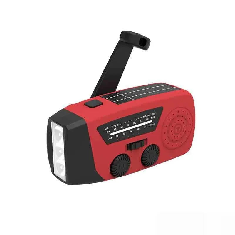 Red rechargeable hand radio torch with wrist strap and USB charging interface