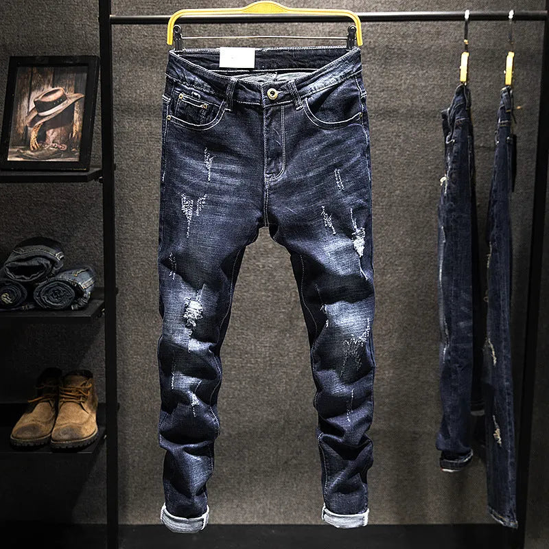 Men's slim fit skinny jeans in dark blue cotton denim with micro elastic fabric