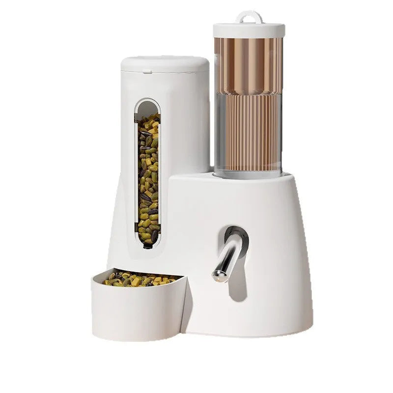 White plastic automatic water feeder with food basin for a hamster cage.