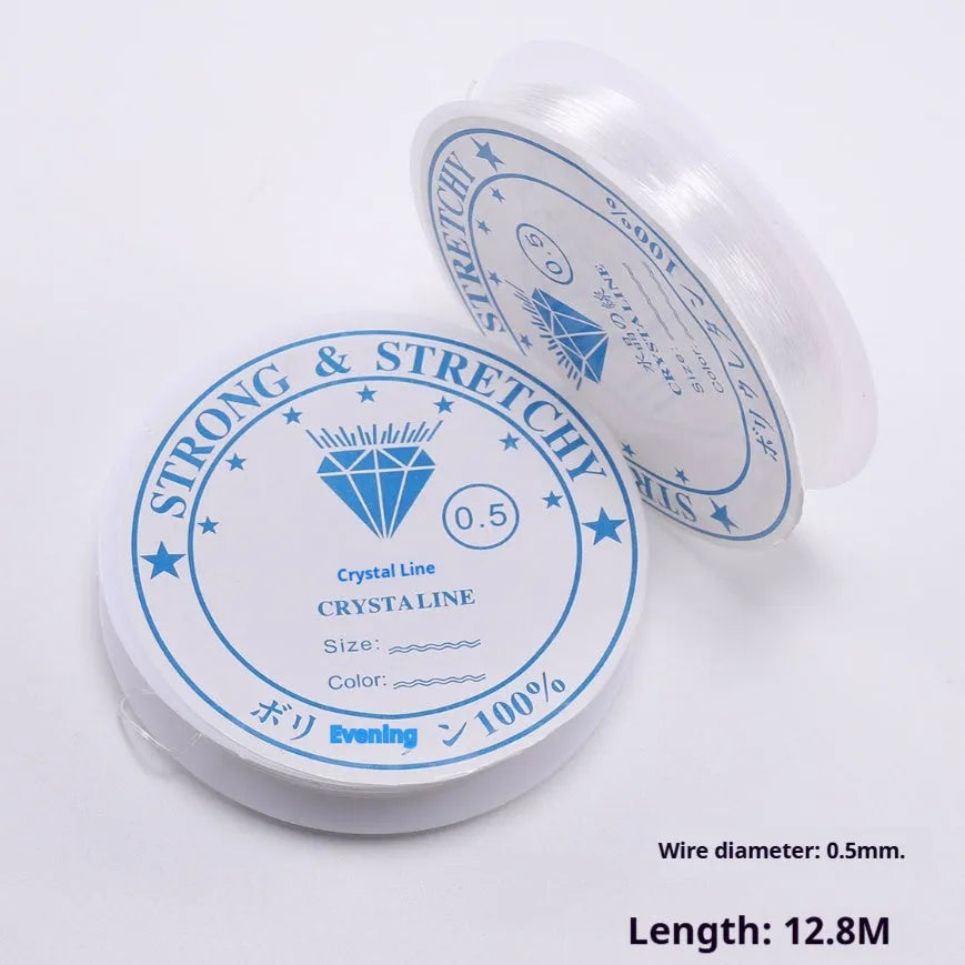 Spool of transparent white elastic cord for jewellery making with diameter options from 0.4mm to 1.0mm