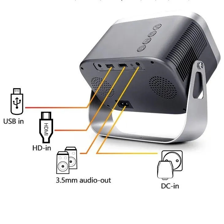 White 4K smart home theatre projector displaying content on wall with mobile phone compatibility shown