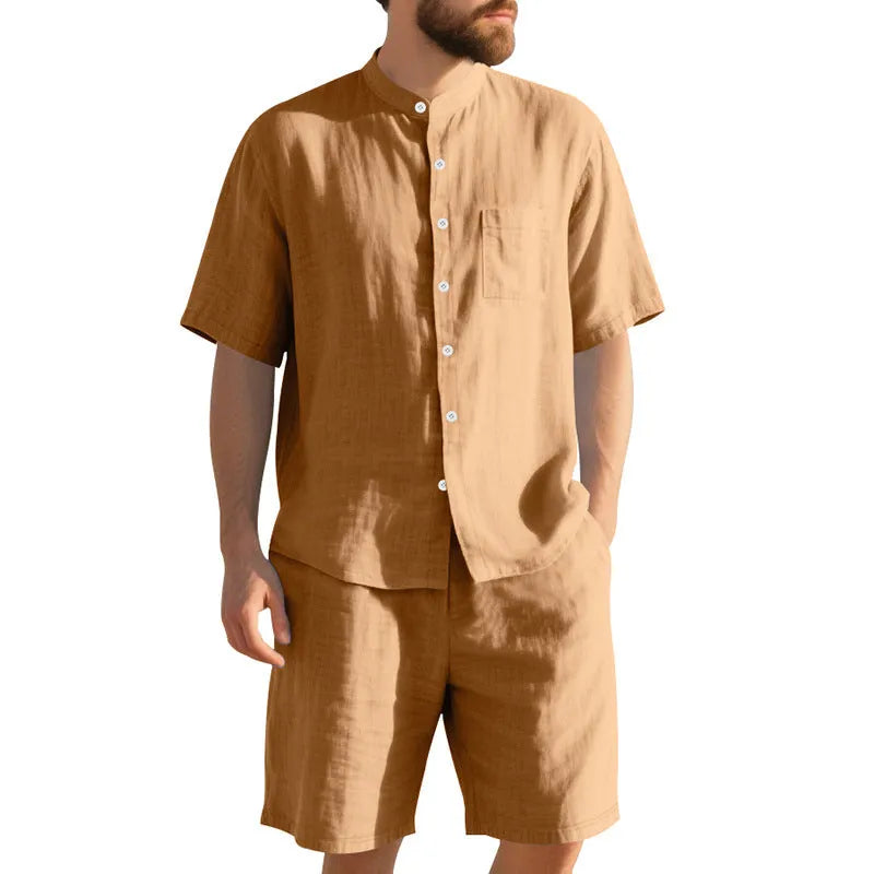 Men's light blue short-sleeve linen shirt and matching shorts, a casual two-piece summer suit set.
