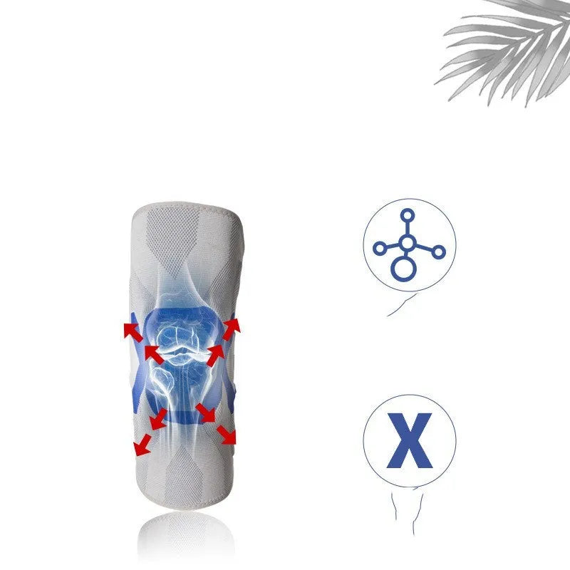 Silicone knee pad for men in black and blue colour, shown on a knee during activity.