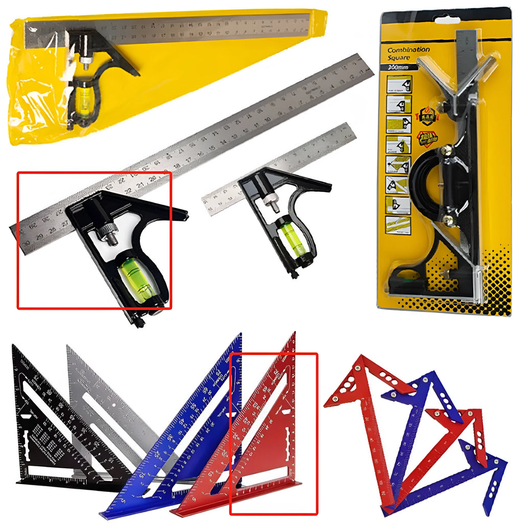 Red 7-inch metal combination angle ruler with metric scales on both sides for civil surveying